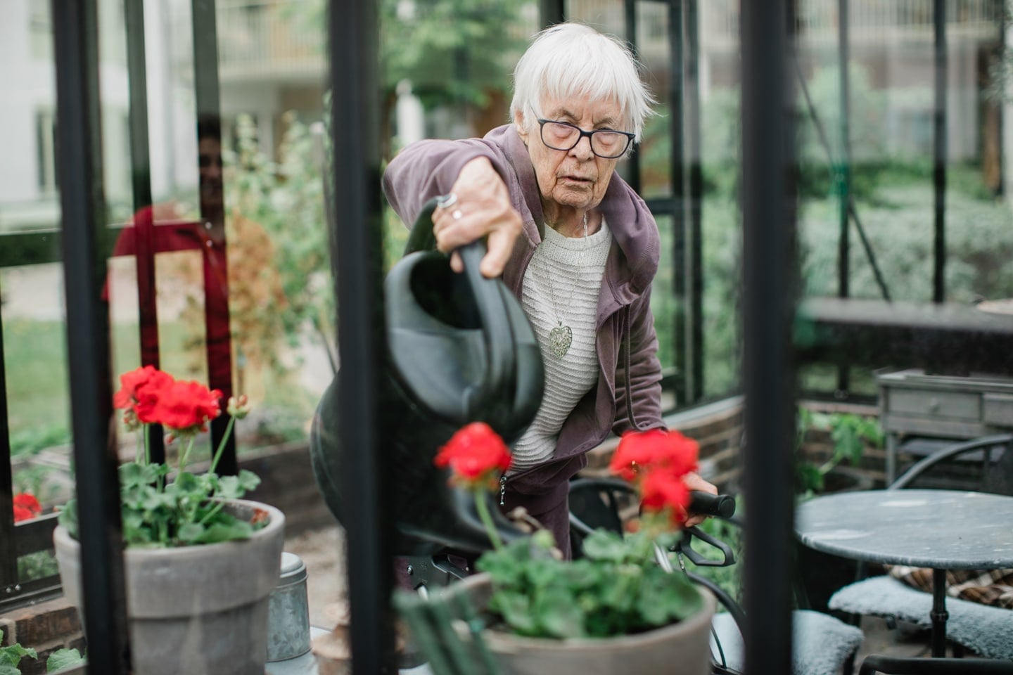 Kvinna vattnar blommor i ett glashus i ett av Vardagas äldreboenden