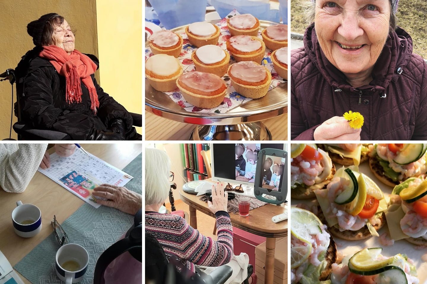 Collage av sex olika bilder med mat och kvinna som sitter framför I-pad och pratar med sina närstående