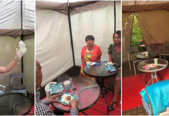 Bildcollage med säkra anhörigbesök utomhus i tält