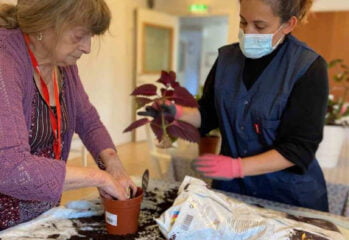 Paola i blå arbetskläder och munskydd planterar om krukväxt tillsammans med en boende