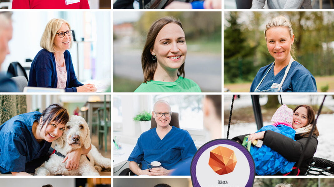 fotocollage med porträtt på 12 medarbetare, logga Sveriges bästa arbetsgivare Universum 2022