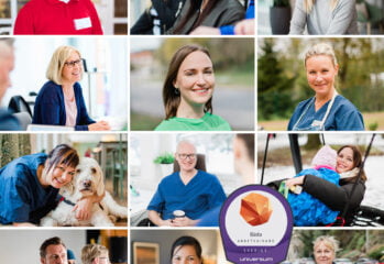 fotocollage med porträtt på 12 medarbetare, logga Sveriges bästa arbetsgivare Universum 2022
