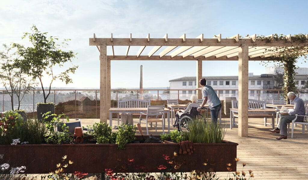 Takterass med växter och möbler