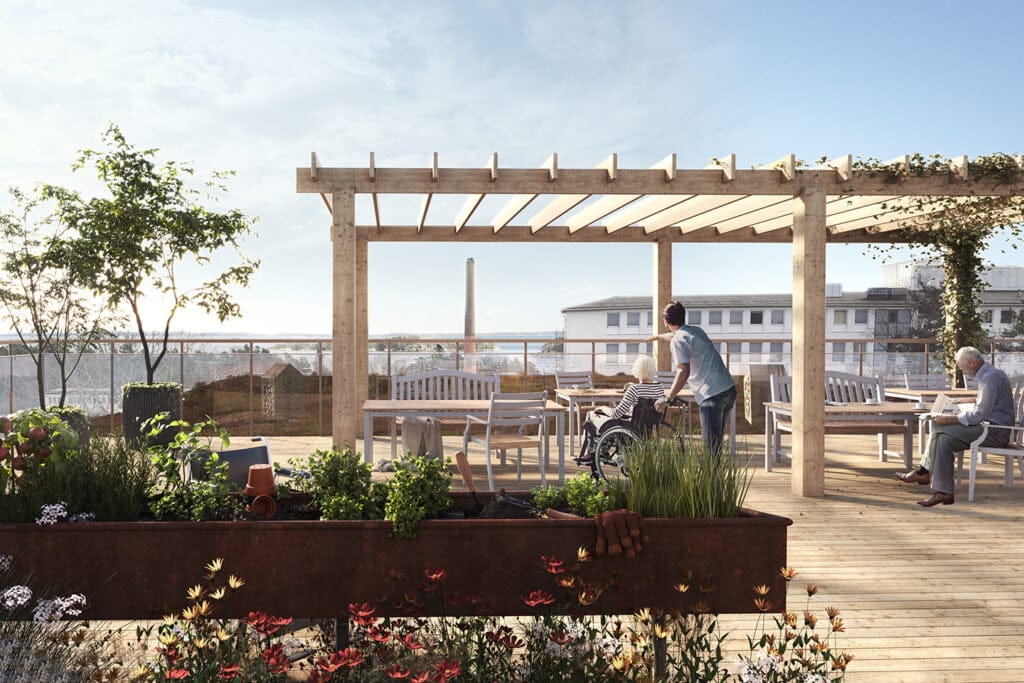 Takterass med växter och möbler