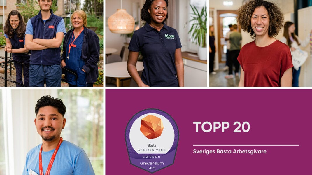 Kollage med medarbetare från Vardaga, Klara och Nytida som ler mot kameran i sina arbetsmiljöer. I bildens nedre del syns en lila banner med texten 'Topp 20 – Sveriges Bästa Arbetsgivare, Universum 2025'